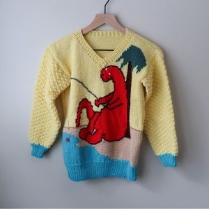 Vintage Hand Knit Dinosaur Fishing Yellow Sweater